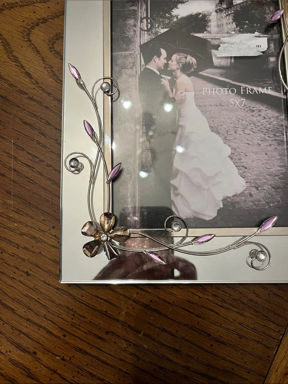 Decorative Glass Photo Frame with Purple Accent Wire Floral Design, 5x7